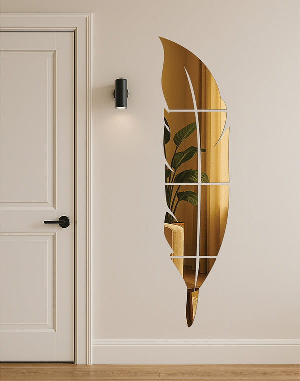 Golden Feather Wall Mirror – Luxe Acrylic Decor for Modern Homes