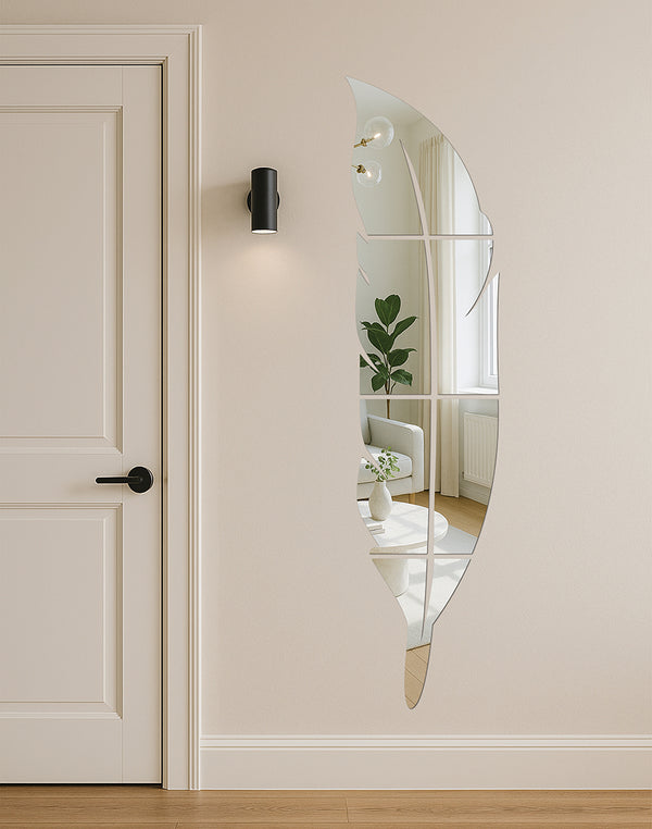 Elegant Feather Wall Mirror – Silver Acrylic Statement Décor