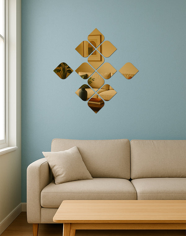Golden Petal Diamond Mirror Set – 12-Piece Reflective Acrylic Wall Décor for Modern Interiors