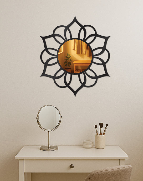 Golden Lotus Bloom Mirror – Black & Gold Acrylic Wall Accent for Vanity & Living Spaces