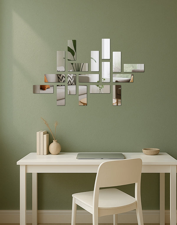 Silver Pixel Mirror Mosaic – 17-Piece Rectangular Wall Mirror Set for Modern Interiors