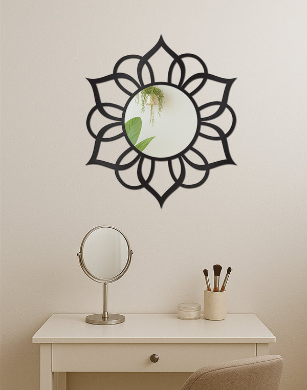 Silver Lotus Bloom Mirror – Black & Silver Acrylic Wall Accent for Vanity & Living Spaces