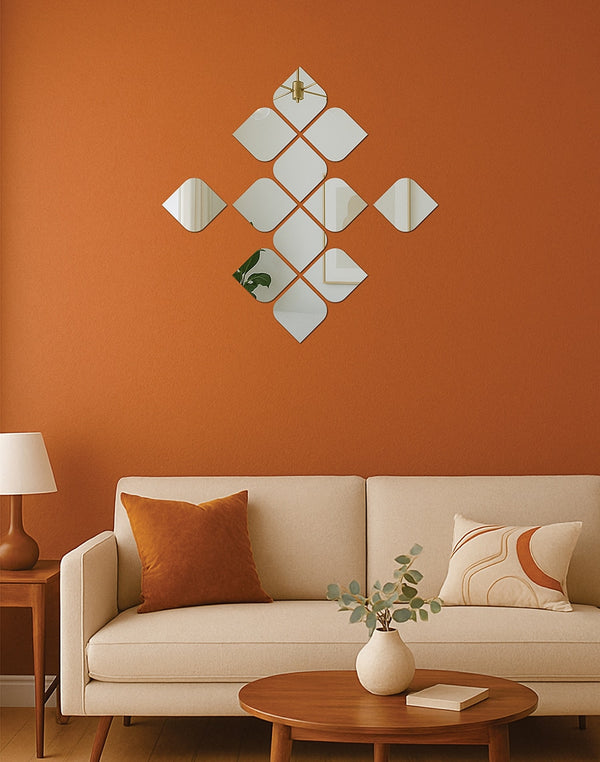 Silver Petal Diamond Mirror Set – 12-Piece Reflective Acrylic Wall Décor for Modern Interiors