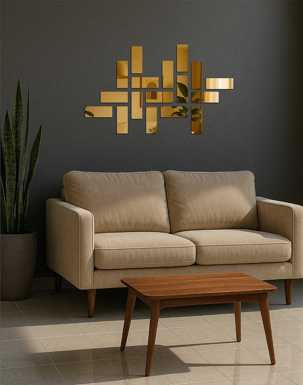 Golden Pixel Mirror Mosaic – 17-Piece Rectangular Wall Mirror Set for Modern Interiors
