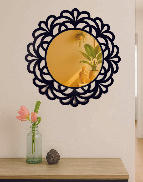 Black and Golden Floral Frame Decorative Round Mirror