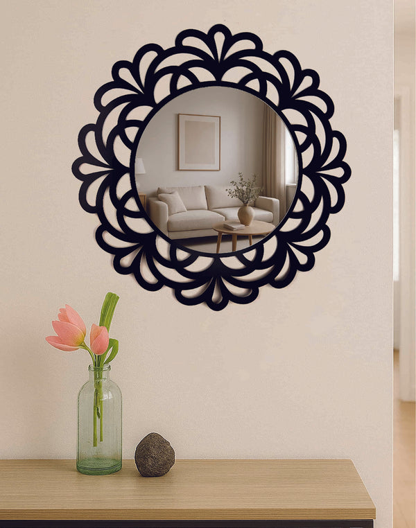 Black and Silver Floral Frame Decorative Round Mirror