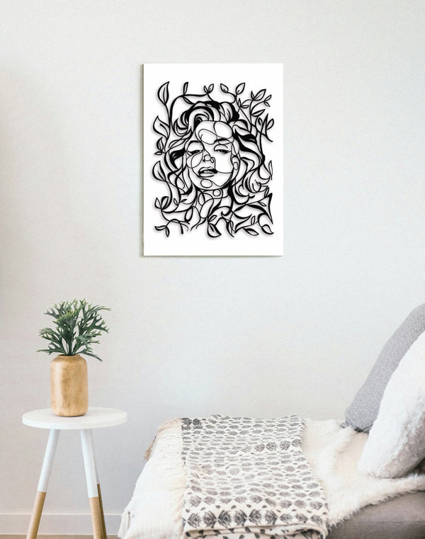 Wild Bloom – Botanical Woman Line Art Wall Panel